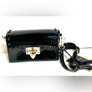 NWT Black Jelly Crossbody Bag Stud Detail Multi-colored Gem Turn-lock Closure
